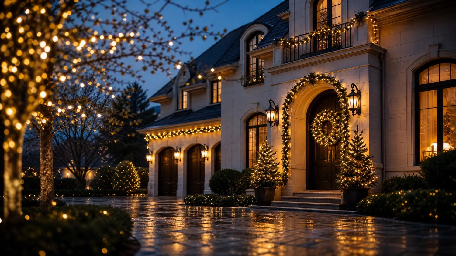 Stone estate at dusk with warm white garland, wreath and roofline lighting